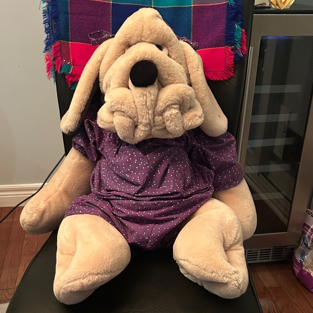 “Wrinkles” vintage Plush Dog Toy in Purple Polka-Dot Outfit